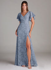 Azazie Ambrosia Dusty Blue A-Line Pleated Floral Burnout Dress