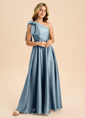 Azazie Penguin Junior Dusty Blue A-Line Bow Stretch Satin Dress dusty_blue