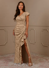 Azazie Roya Champagne Mermaid Ruched Floral Burnout Dress