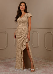 Azazie Roya Champagne Mermaid Ruched Floral Burnout Dress