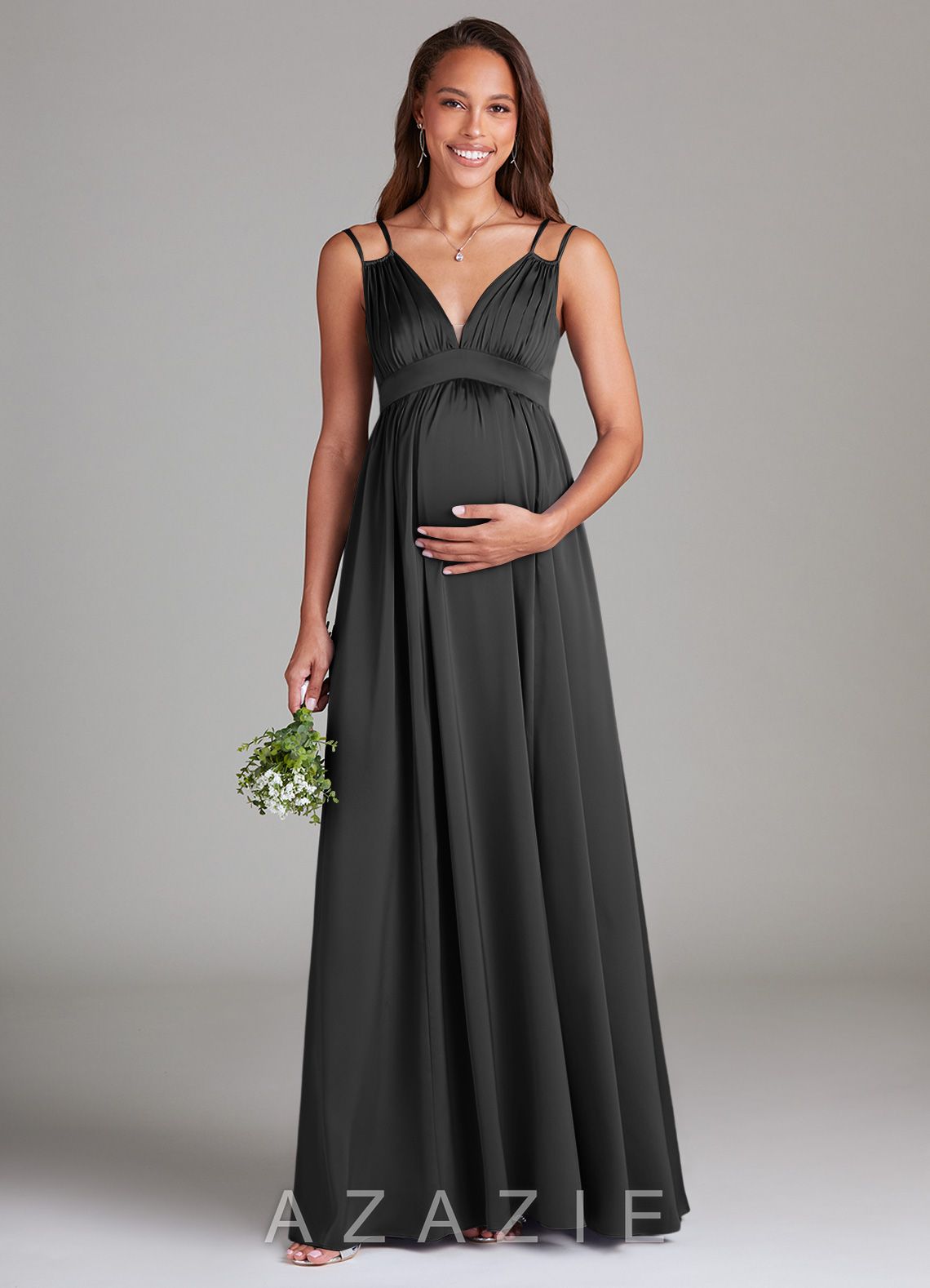 Azazie Emree A-Line Stretch Satin Floor-Length Dress with Pockets