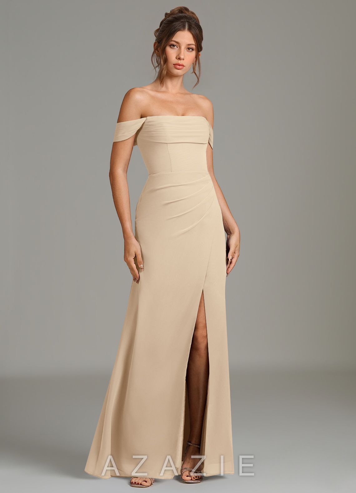 Azazie Jalice Champagne Mermaid Off the Shoulder Chiffon Dress