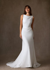 Azazie Minna Diamond White A-Line Boatneck Crepe Back Satin Dress diamond_white