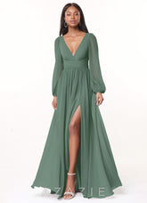 Azazie Norah Eucalyptus A-Line V-Neck Long Sleeve Chiffon Dress
