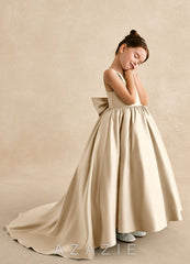 Azazie Mimia Champagne A-Line Bow Matte Satin Dress champagne