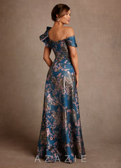 Azazie Des Moines Teal Floral A-Line One Shoulder Floral Jacquard Dress teal_floral
