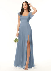 Azazie Bondi Dusty Blue A-Line Ruffled Chiffon Dress