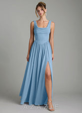 Azazie Novi Steel Blue A-Line Pleated Chiffon Dress