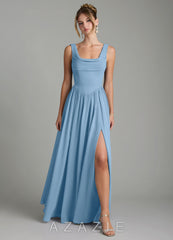 Azazie Novi Steel Blue A-Line Pleated Chiffon Dress