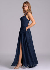 Azazie Francis Dark Navy A-Line Corset Floral Burnout Dress dark_navy