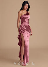 Azazie Latrice Desert Rose Sheath One Shoulder Metallic Satin Dress