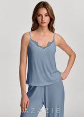 Soft Rayon Lace Trim Cami & Wide-Leg Pants Pajama Set dusty_blue