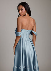 Azazie Loisa Dusty Blue A-Line Off the Shoulder Stretch Satin Dress dusty_blue