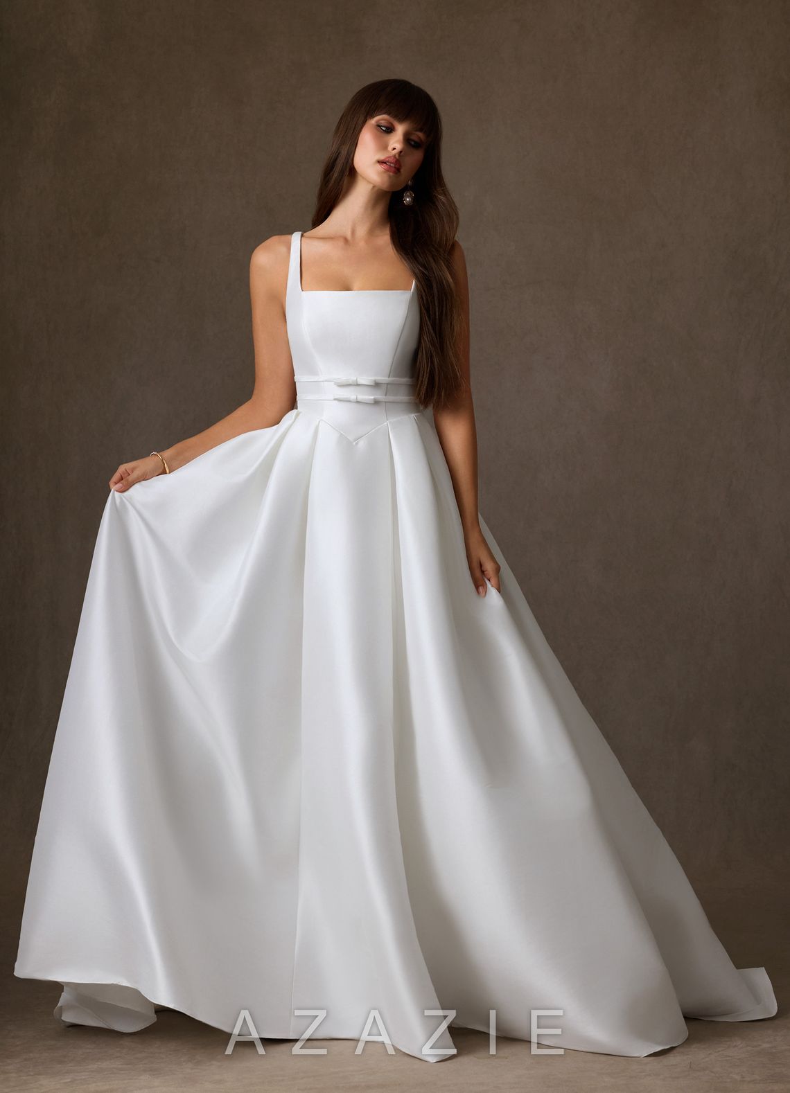 Azazie Cynthia Diamond White Ball-Gown with Pockets Stretch Mikado Dress