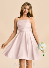 Azazie Miko Junior Blushing Pink A-Line Pleated Stretch Satin Dress
