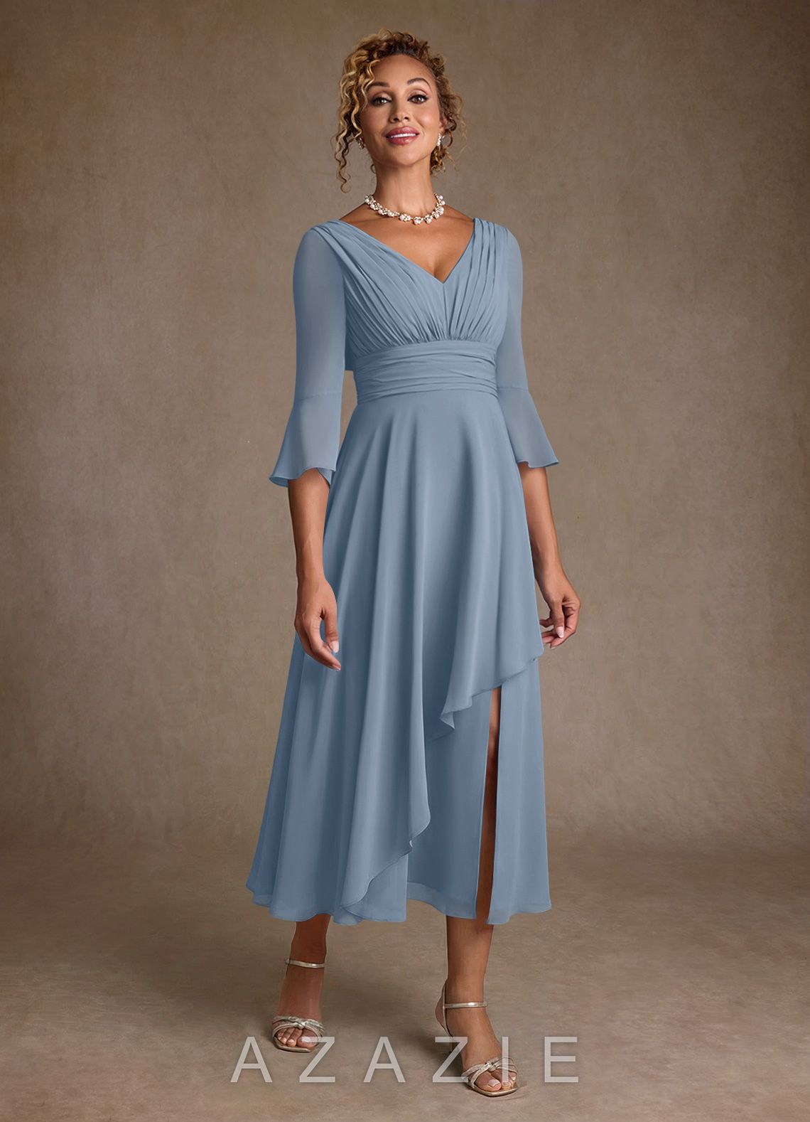 Azazie Aerynne Dusty Blue A-Line Pleated Chiffon Dress