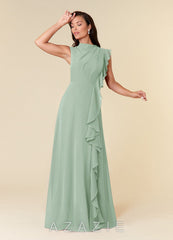 Azazie Narine Agave A-Line High Neckline Pleated Chiffon Dress