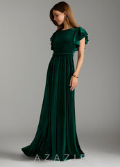 Azazie Daphne A-Line Velvet Floor-Length Dress with Belt emerald