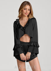 Ruffled Flared Sleeve Satin Pajama Set black