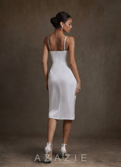 Azazie Katiya Diamond White Sheath Cowl Neckline Pleated Stretch Satin Dress diamond_white