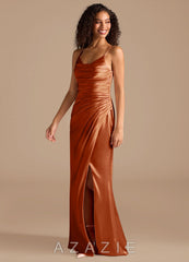 Azazie Deandra Auburn Mermaid Pleated Metallic Satin Dress auburn