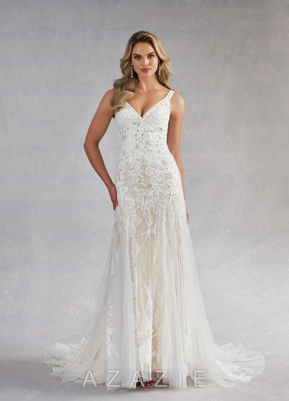 Azazie Konstantin Wedding Dress Diamond White Champagne Mermaid Sequins Tulle Dress