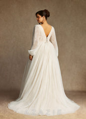 Azazie Cressida Wedding Dress Diamond White Champagne Ball-Gown Lace Tulle Dress diamond_white/champagne