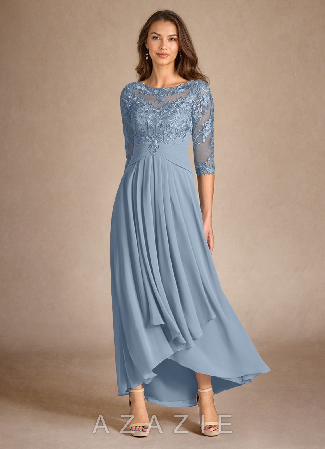 Azazie Marietta Dusty Blue A-Line Lace Dress