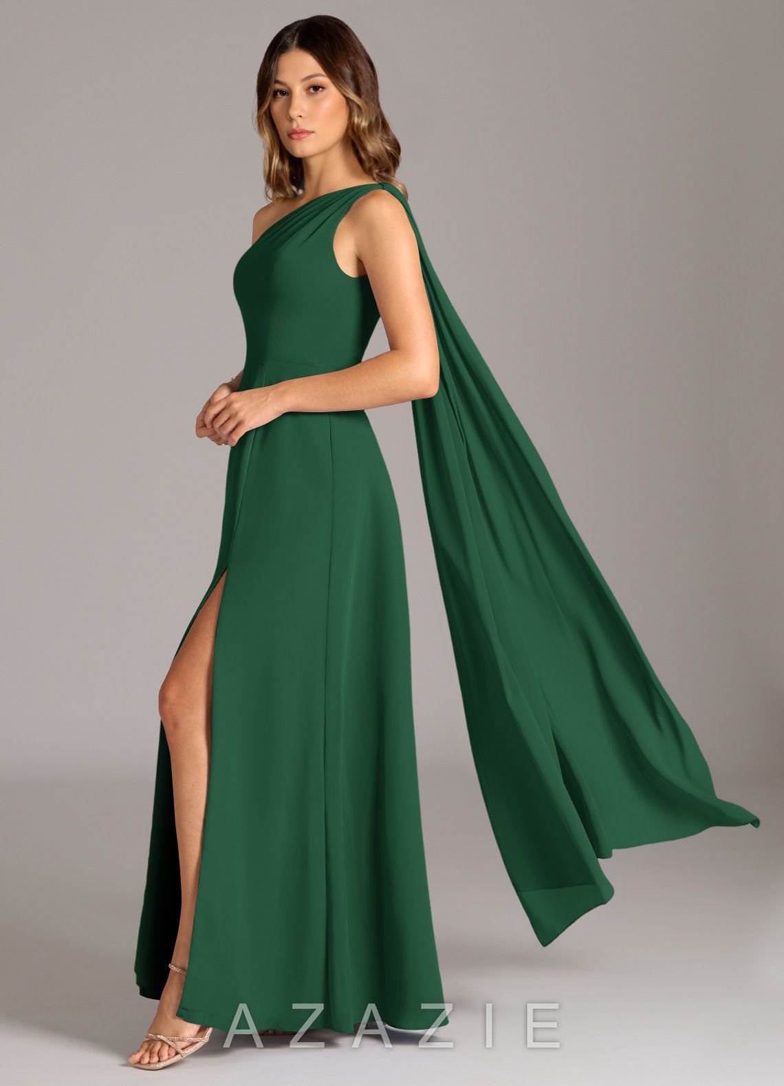 Azazie Tella Dark Green A-Line One Shoulder Chiffon Dress