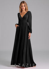 Azazie Norah Black A-Line Long Sleeve Velvet Dress