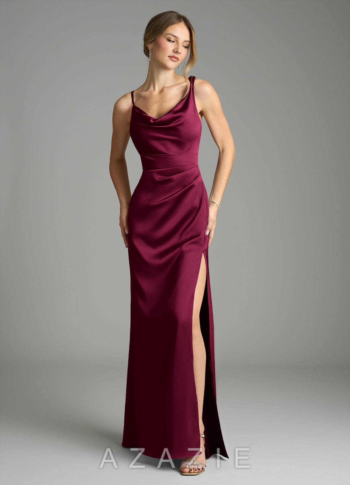 Azazie Samara Burgundy Mermaid Pleated Stretch Satin Dress