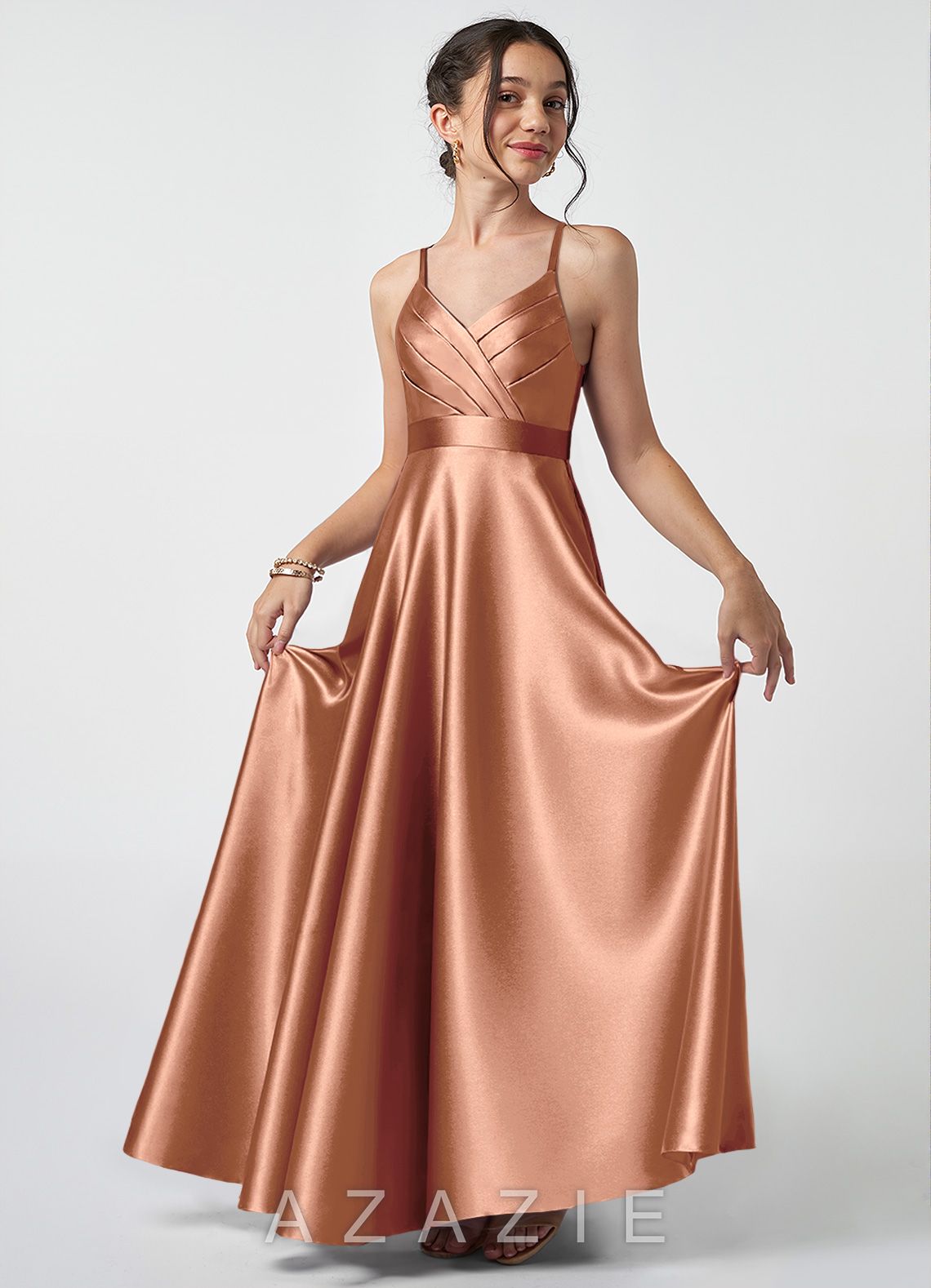 Azazie Avelina Junior Bronzer A-Line Pleated Metallic Satin Dress