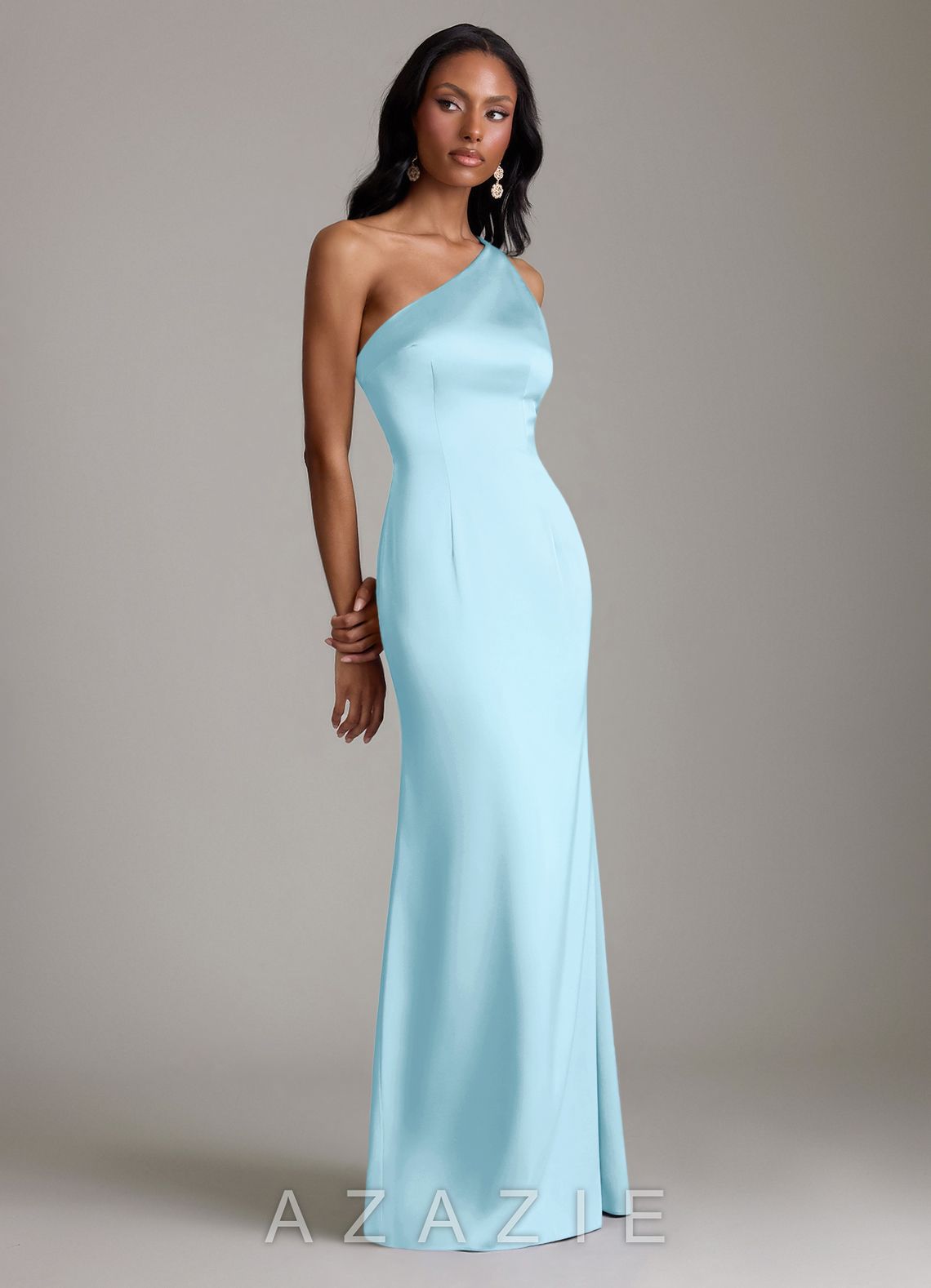 Azazie Voni Sky Blue Mermaid One Shoulder Stretch Satin Dress