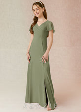 Azazie Induh Junior Pistachio A-Line Ruched Chiffon Dress