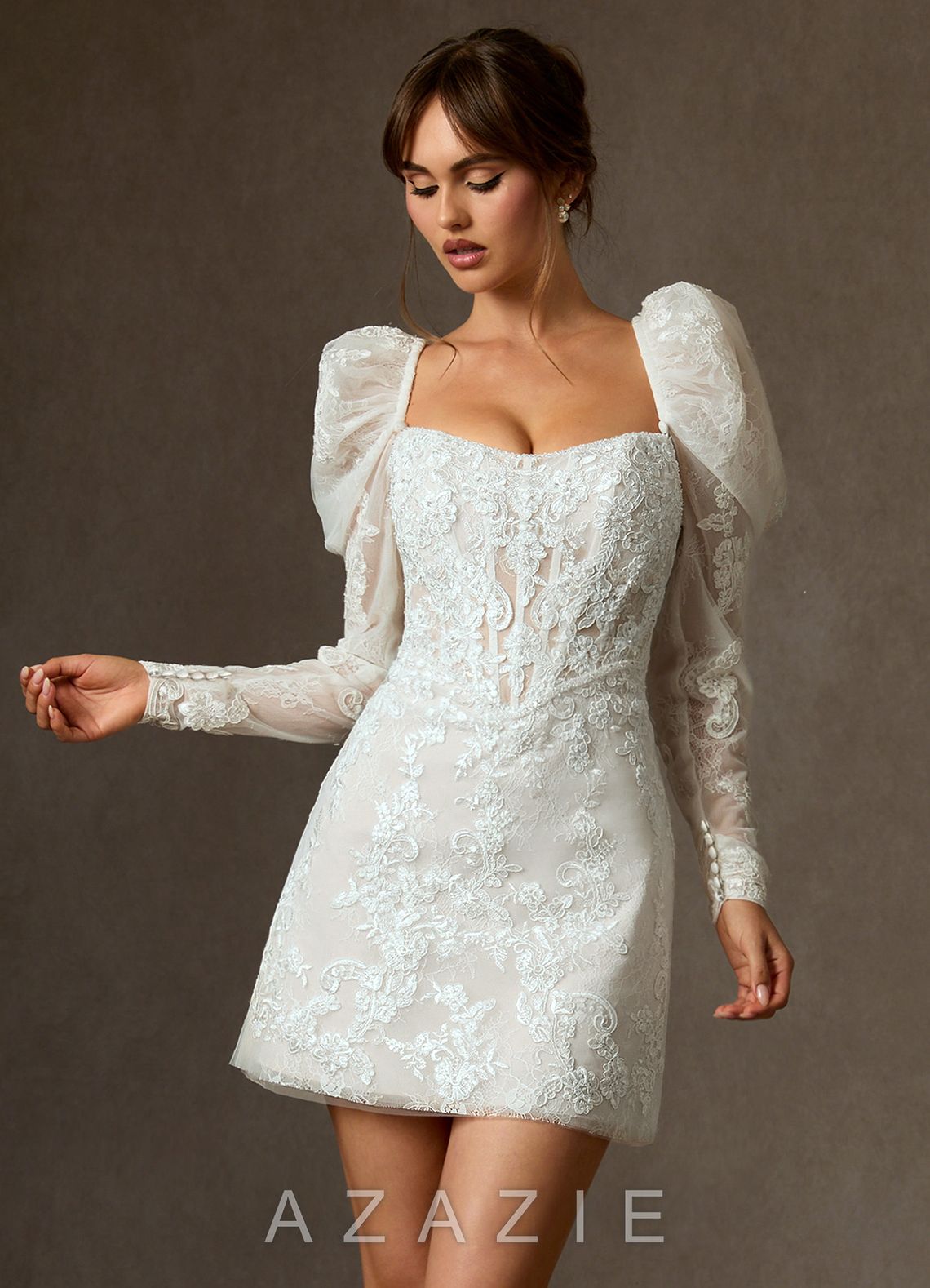 Azazie Winter Diamond White A-Line Strapless Lace Dress