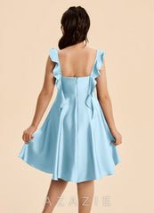 Azazie Kira Junior Sky Blue A-Line Ruched Stretch Satin Dress sky_blue