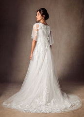 Azazie Renesmee Wedding Dress Diamond White A-Line Sequins Tulle Dress diamond_white