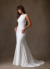 Azazie Minna Diamond White A-Line Boatneck Crepe Back Satin Dress