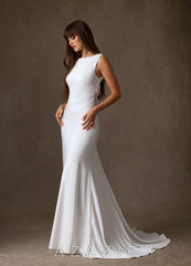 Azazie Minna Diamond White A-Line Boatneck Crepe Back Satin Dress