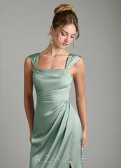 Azazie Filippa Agave A-Line Pleated Stretch Satin Dress agave