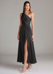 Azazie Brooke Black A-Line One Shoulder Stretch Satin Dress black