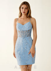 Faustine Sky Blue Beading Sequins Lace Up Back Mini Dress