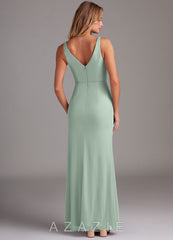 Azazie Leandra Agave Mermaid V-Neck Pleated Mesh Dress agave