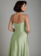 Azazie Nona Dusty Sage A-Line Pleated Stretch Satin Dress dusty_sage