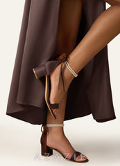 Matching Color Matte Satin Pearl and Bow Open Toe Chunky Heel Sandals