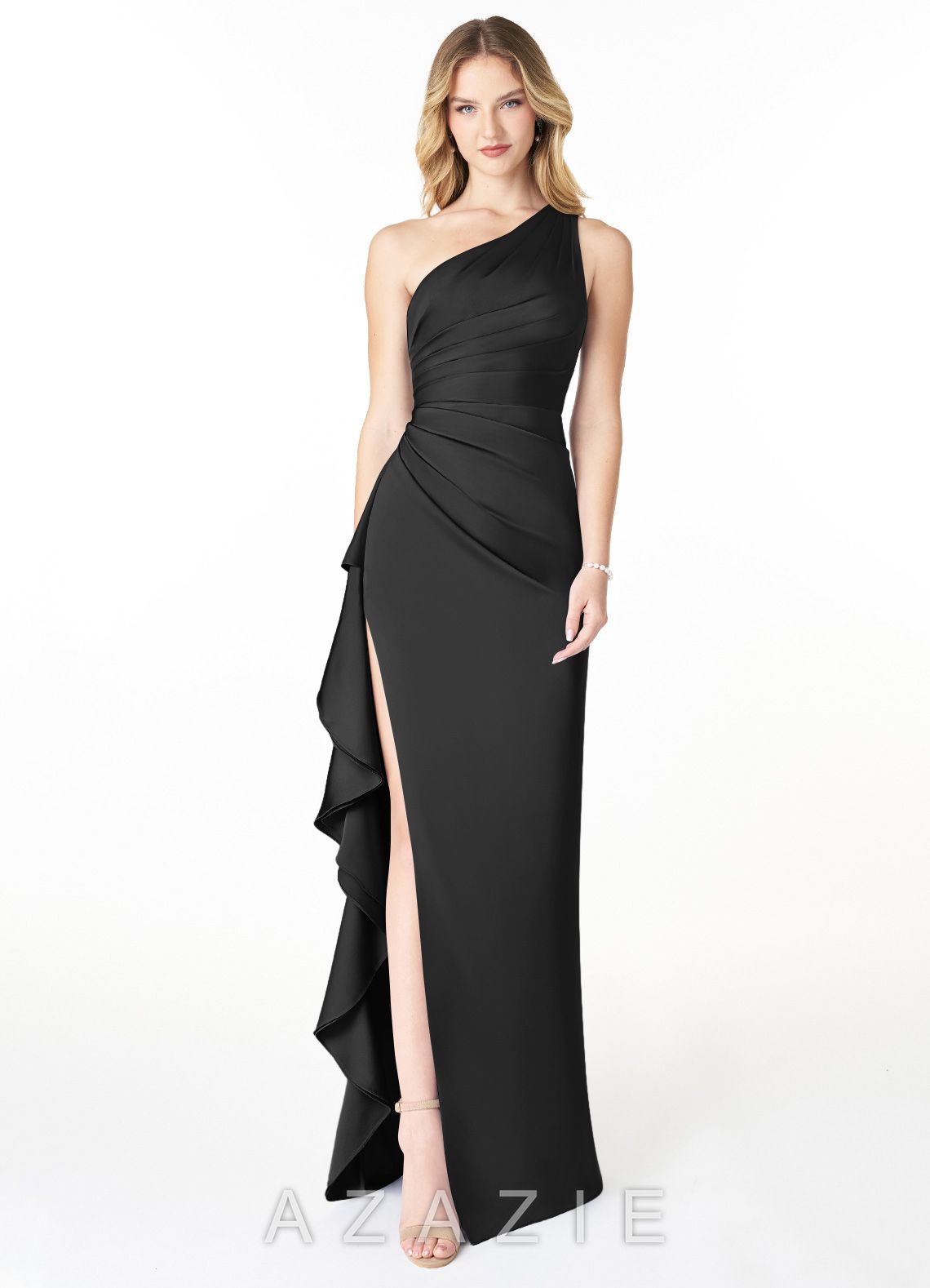 Azazie Latrice Black Sheath One Shoulder Cascading Ruffles Stretch Satin Dress