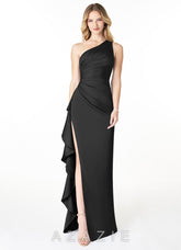 Azazie Latrice Black Sheath One Shoulder Cascading Ruffles Stretch Satin Dress