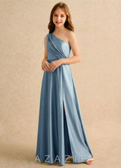 Azazie Puddles Girls Formal Dusty Blue A-Line One Shoulder Stretch Satin Dress dusty_blue