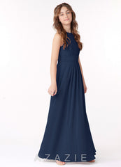 Azazie Bonnie Junior Dark Navy A-Line Pleated Chiffon Dress dark_navy
