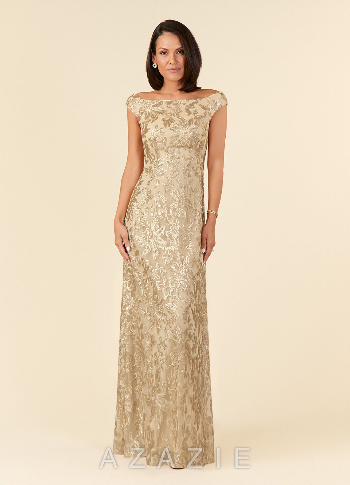 Azazie Porcelain Champagne A-Line Off the Shoulder Lace Dress